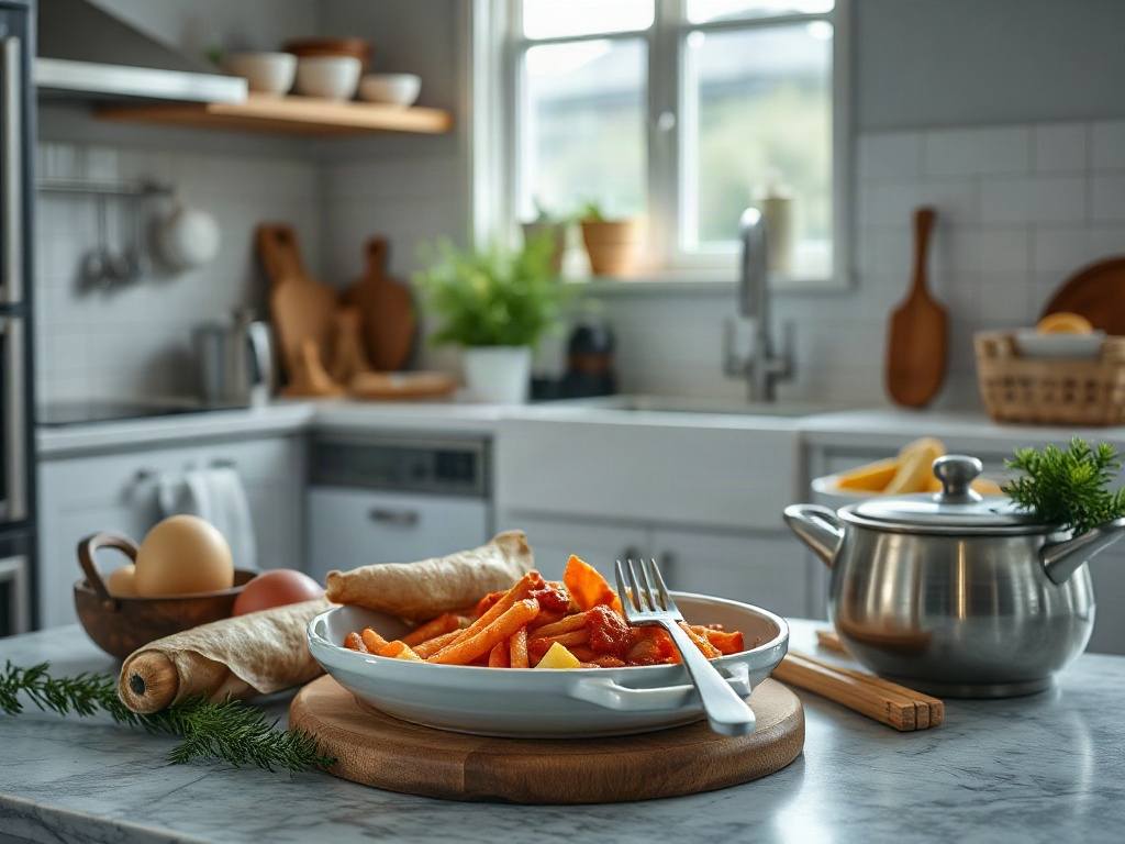 На столе лежит тарелка с пастой, рядом кастрюля и яйца. На фоне уютная кухня с растениями.